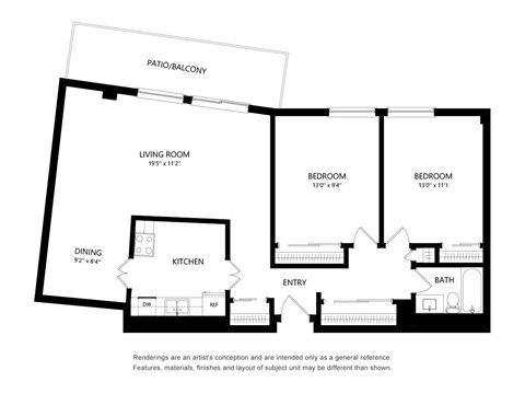 Floor plan for 2 beds, 1 bath, 924 sqft